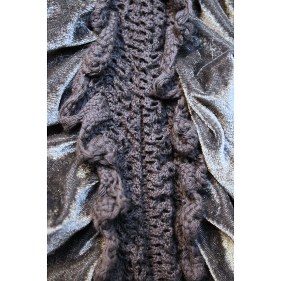 Grey Velvet Knit Reversible Scarf Ruffled Satin Stretch Fringe Goth Victorian - Picture 5 of 7